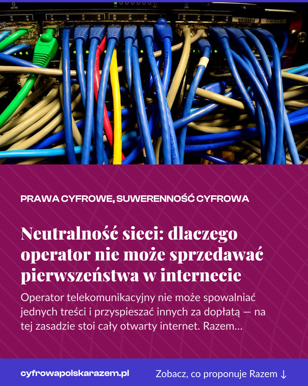 Grafika pionowa do udostępnienia: Neutralność sieci: dlaczego operator nie może sprzedawać pierwszeństwa w internecie