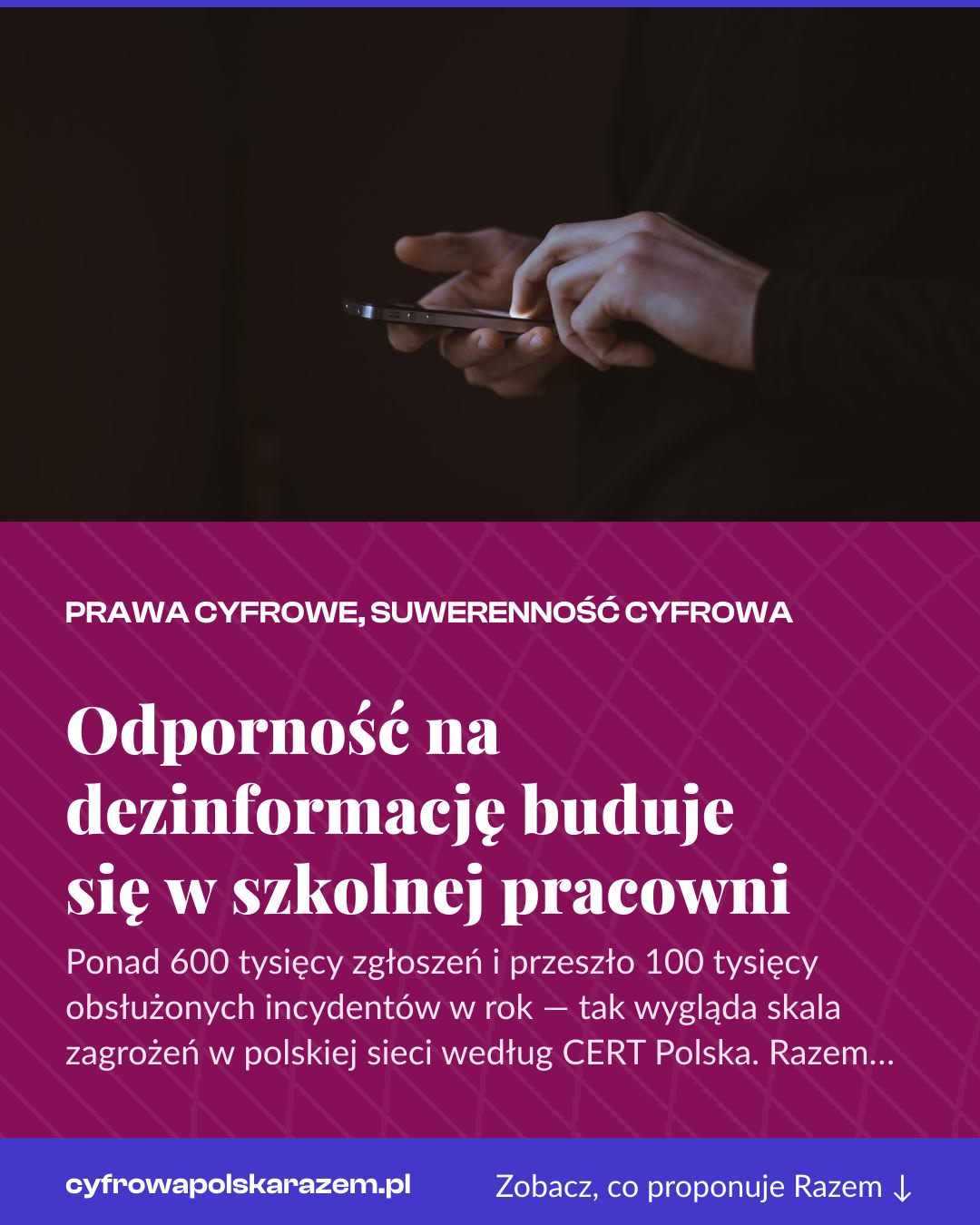 Grafika pionowa do udostępnienia: Odporność na dezinformację buduje się w szkolnej pracowni