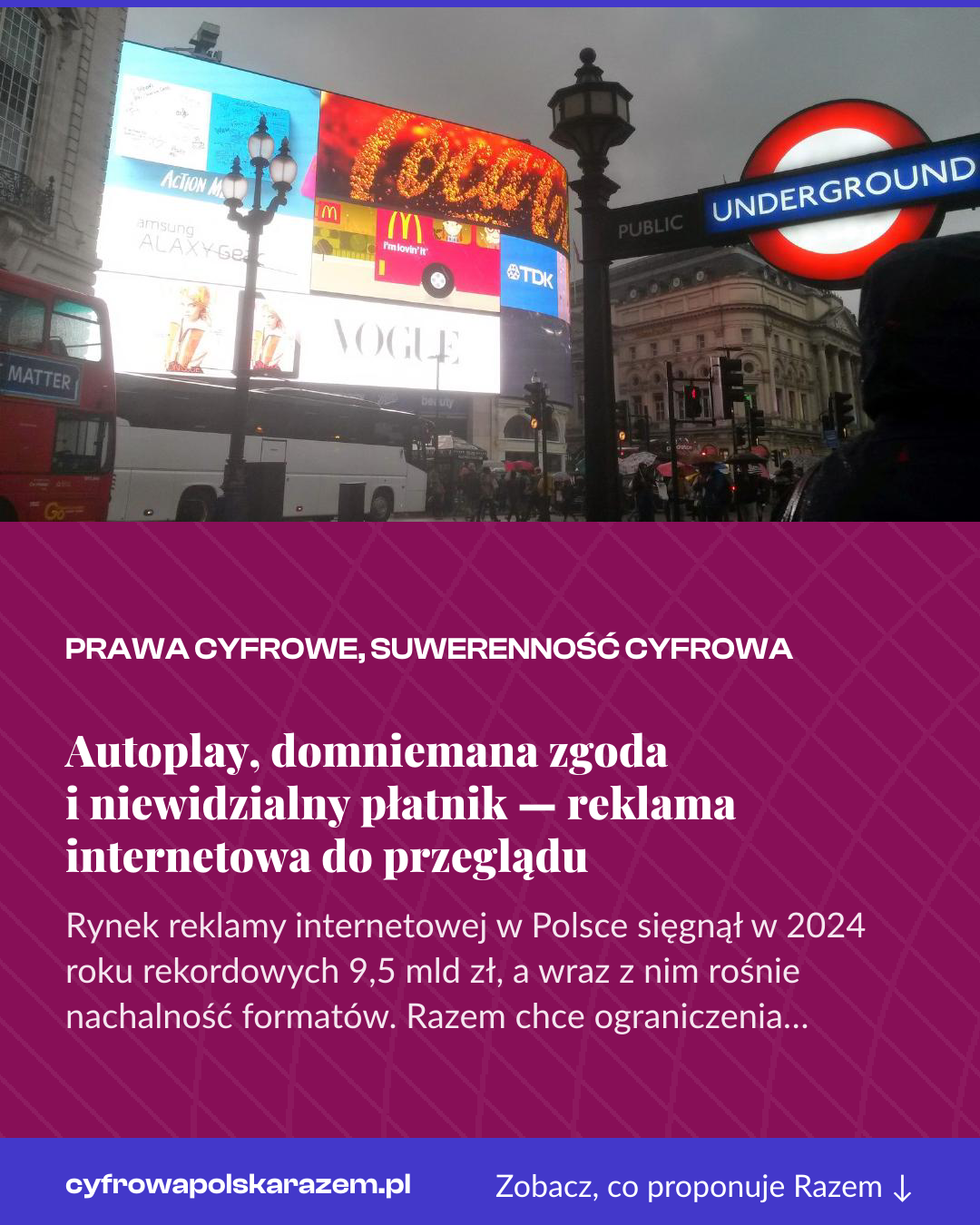 Grafika pionowa do udostępnienia: Autoplay, domniemana zgoda i niewidzialny płatnik — reklama internetowa do przeglądu
