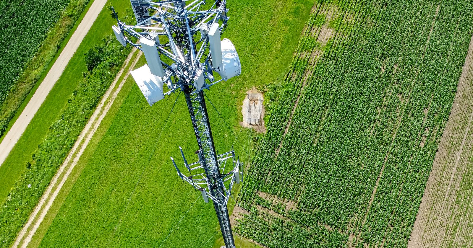 Stalowa wieża telekomunikacyjna z antenami sektorowymi telefonii komórkowej na tle błękitnego nieba.